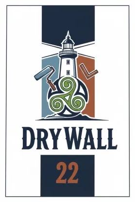 Logo DRY WALL 22 : un phare breton, un triskel, un rouleau de peintre et une équerre